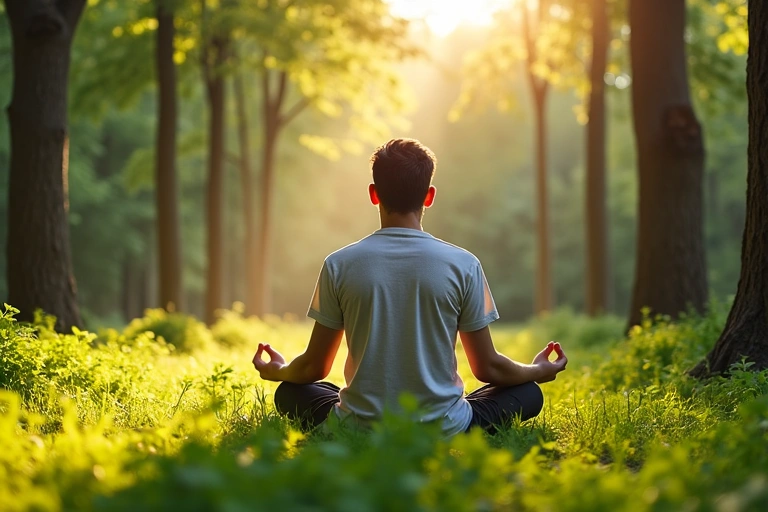 Fiatal férfi meditál a természetben, egyensúlyt találva